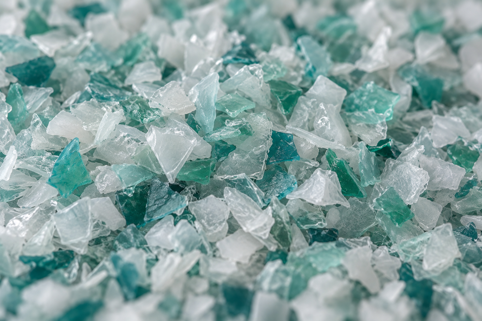 Illustrative white and aqua recovered plastic flakes for RE+PLASTIX